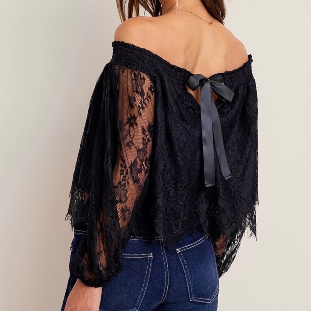 Francesca's Black Lace Off The Shoulder Blouse Satin Back Tie XS Whimsigoth